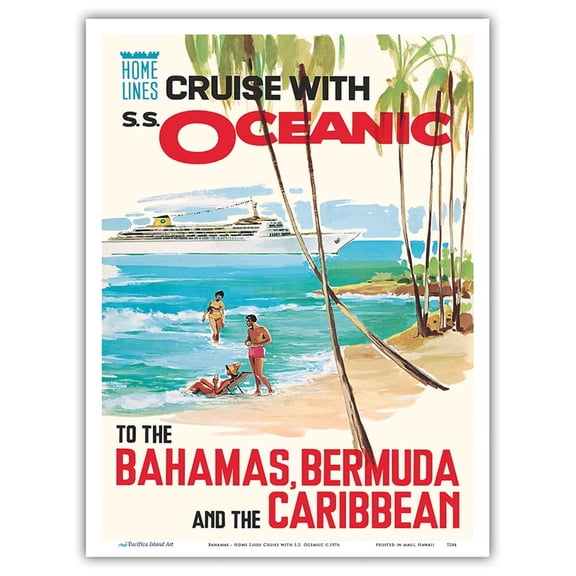 Bahamas Bermuda and the Caribbean - Home Lines Cruise with S.S. Oceanic - Vintage Ocean Liner Travel Poster c.1976 - Master Art Print (Unframed) 9in x 12in