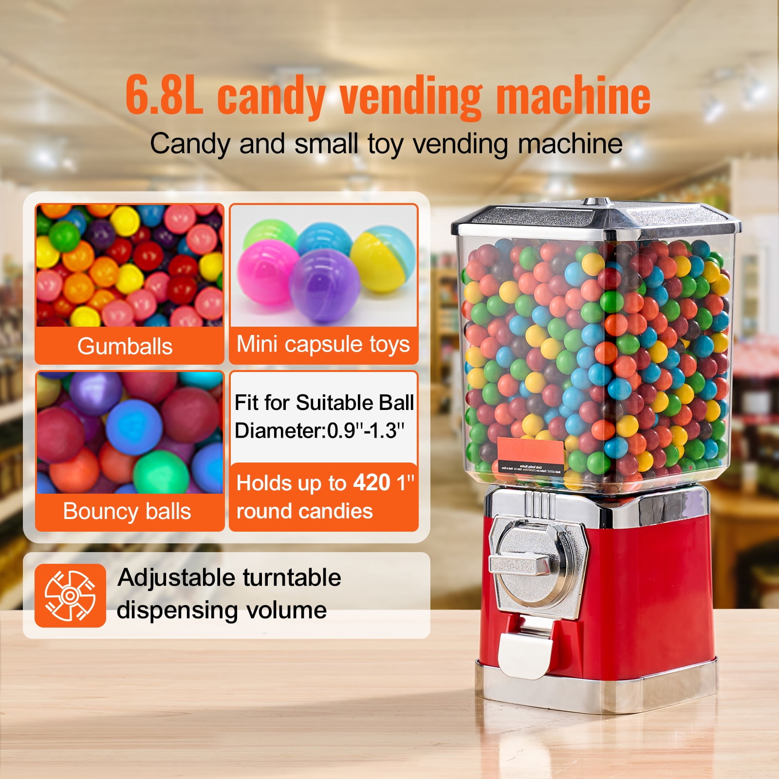 KFFKFF 17" Tall Gumball Machine for Kids, Coin-Operated Candy Dispenser, Durable PC Bubble Gum Vending Machine for Toys, Capsules, Bouncy Balls, and Sweets, Red