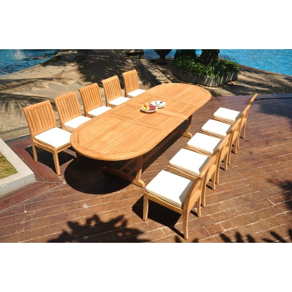 Grade-A Teak Dining Set: 10 Seater 11 Pc: 118" Double Extension Mas Oval Trestle Leg Table And 10 Lagos Armless Chairs Patio WholesaleTeak #WMLG43
