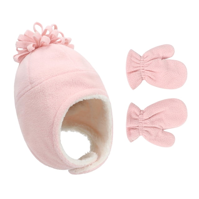 Bomber Hats Two Piece Winter Fleece Solid Color Warm Children'S Hat And Gloves Bomber Hats
