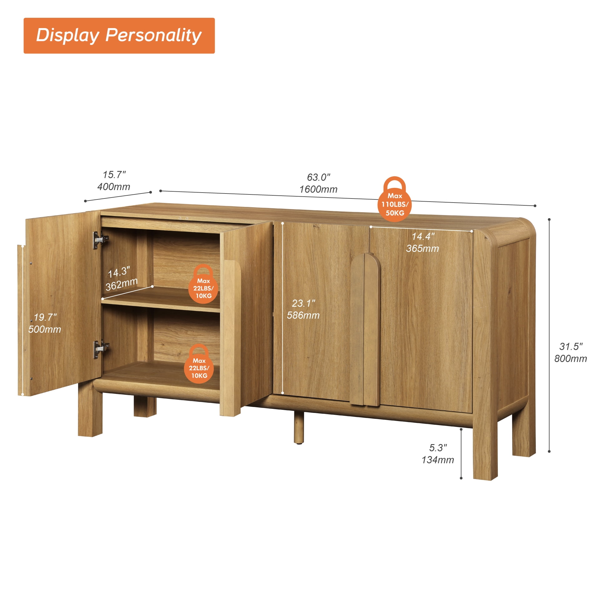 Modern 63" Wooden Sideboard Buffet Cabinet with Storage, Mid-century Credenza with Doors and Adjustable Shelves for Kitchen Living Room, Dining Room
