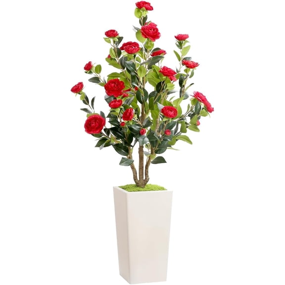 4Ft Artificial Bushes with Camellia Flowers for Outdoors, Faux Plants Fall Trees Outdoor Fake Plants in Pots, Red Tree with Fall Flowers for Autumn Home Porch Front Door Indoor Outside Decor