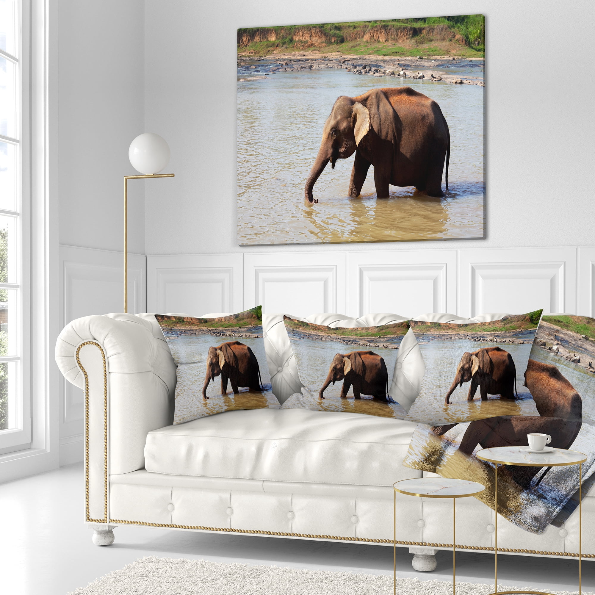 Designart Elephant in Water in Sri Lanka - African Throw Pillow - 18x18