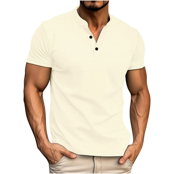 Hvyesh Mens Waffle Henley Shirts Short Sleeve Casual Summer Basic T Shirts Solid Lightweight V Neck Tees 2025 Breathable Knitted Pullover Tops