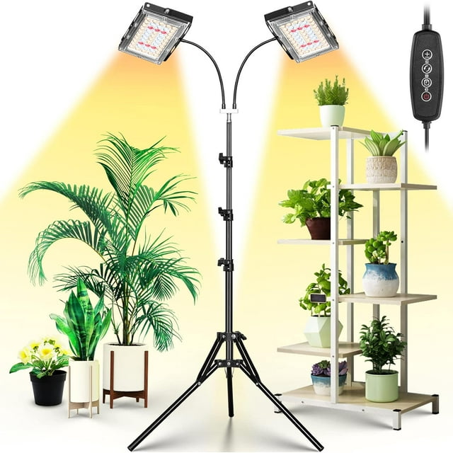 Grow Light with Stand Tri-Head LED Plant Light for Indoor Plants Full Spectrum LEDs Grow Lamp Timer Dimmable Levels Switch Modes Adjustable Tripod Stand - e