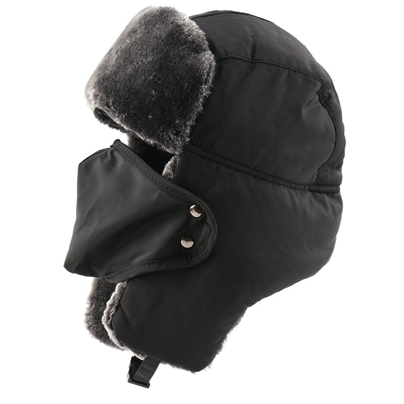 Okli_Rsoe Unisex Winter Trapper Hat, Waterproof Warm Faux Fur Ski Cap with Mask, Black