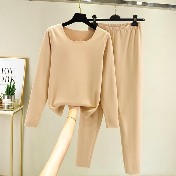 Puntoco Ropa de dormir para mujer, moda femenina, color sólido, cuello redondo, ropa de dormir informal cálida para el hogar, conjunto de pijama