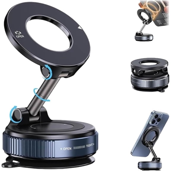 One-Step Lock Magnetic Vacuum Phone Mount, Retractable Car Phone Mount - 360° Magnetic Holder