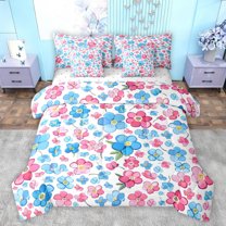 jejeloiu Cartoon Cute Floral 7pcs Bedding Comforter Set,Kawaii Flowers Blossom Queen Bedding Sets,Pink Blue White Queen Sheet Sets For Girl,Ultra Soft Home Decor Reversible