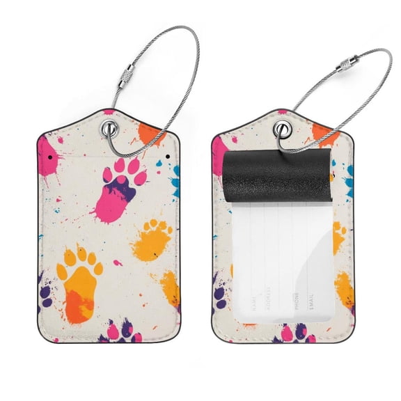 PhooArto 2 Pcs Luggage Tags, Splash Colorful Footprints Pattern Privacy Cover ID Label with Stainless Steel Loop and Address Card for Travel Bag Suitcase