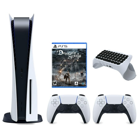 Sony Playstation 5 Disc Version Console with Extra White Controller, Surge QuickType 2.0 Wireless PS5 Controller Keypad and Demon's Souls Bundle