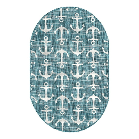 Unique Loom Outdoor Coastal Collection Area Rug - Ahoy (3' 1" x 5' 3" Oval Teal/Ivory)