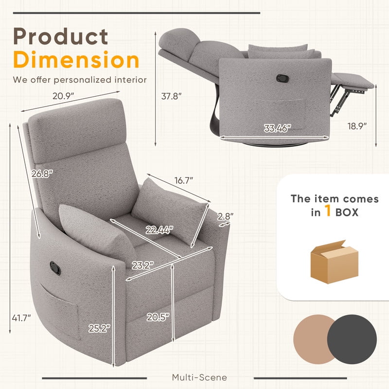 Homall 360° Swivel Nursery Recliner Power Swivel Rocker Recliner Chair with 2 Pillows Comfy High Back Adult Glider Rocker for Living Room,Loop Yarn Gray
