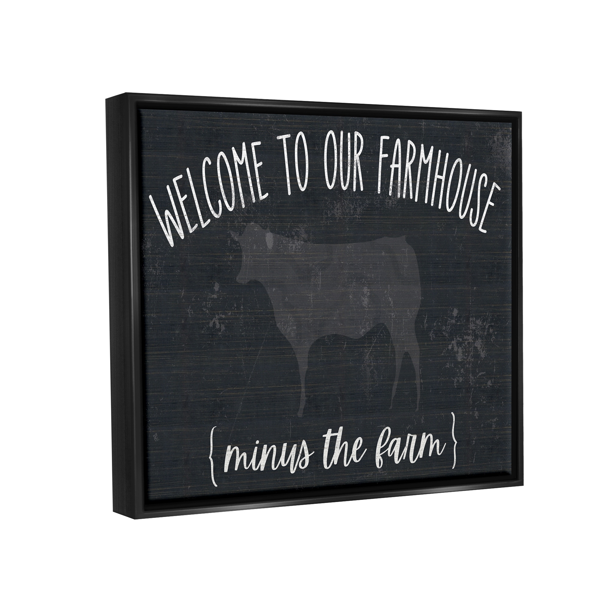 Stupell Industries Welcome To Farmhouse Playful Rustic Cow Motif Graphic Art Metallic Gold Floating Framed Canvas Print Wall Art, Design by White Ladder