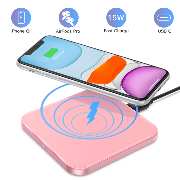 AGPTEK Wireless Charger with USB-C, 15W Max Fast Charging Pad for iPhone, LG, Galaxy , AirPods Pro,Pink