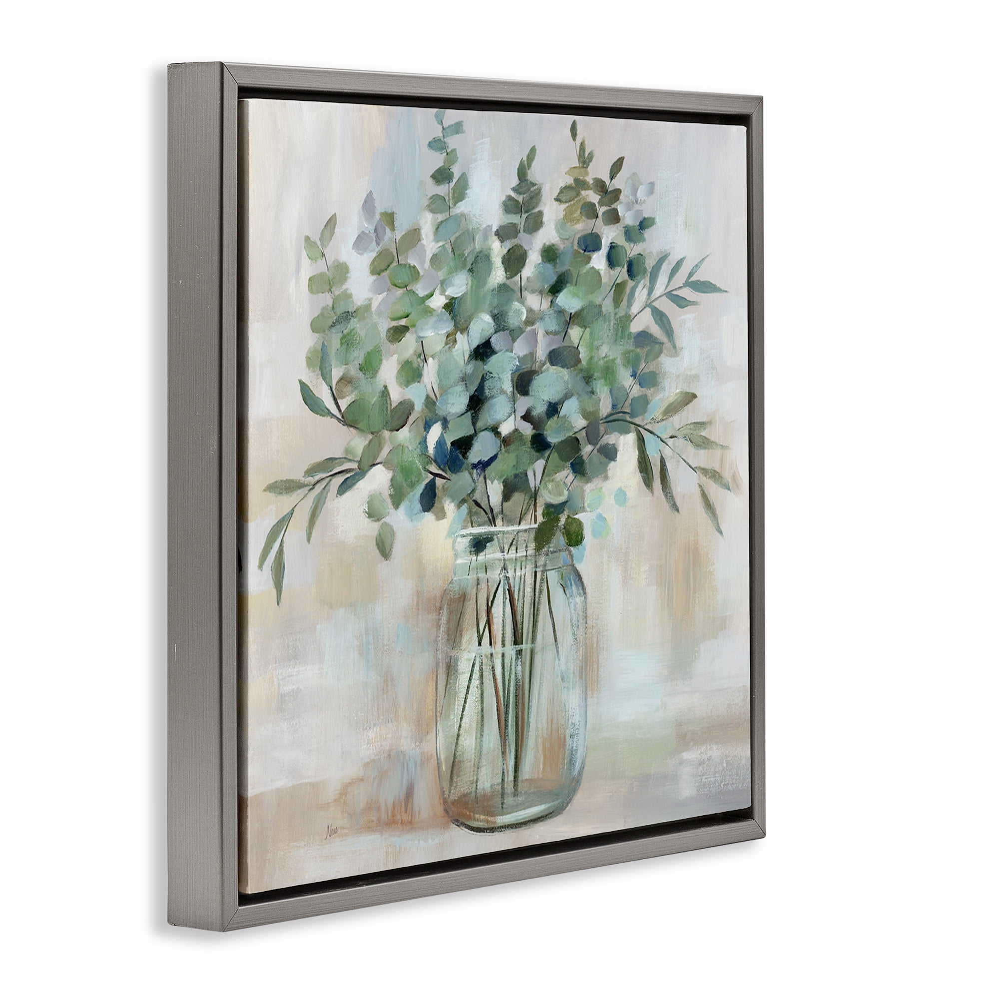 Stupell Industries Soothing Eucalyptus Herb Arrangement Botanical & Floral Painting Gray Floater Framed Canvas Art Print Wall Art, 18 x 18