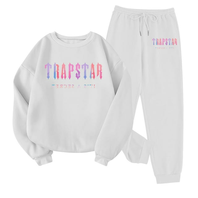 Trapstar Chandails Molletonnés à Col Rond pour Femmes Ensembles Manches Longues Graphiques Chandails Molletonnés pour Femmes Amples Trapstar Chandails Molletonnés à Enfiler Style Street Hip-hop+pantalons de Survêtement Ensemble pour Femmes de 2 Vêtements Classiques pour Femmes (Blanc, G)