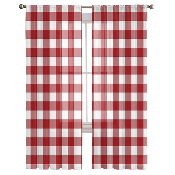 Farmhouse Buffalo Plaid Semi Sheer Curtains 108 Inch Length 2 Panels Set, Red White Checkered Sheer Kitchen Curtain Privacy Voile Window Curtain for Living Room Bedroom Rod Pocket Drapes
