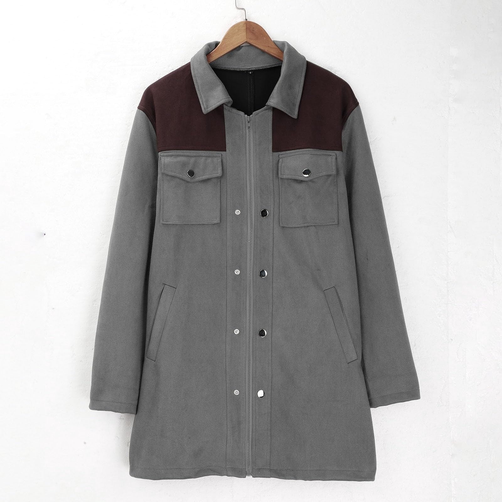 Hinvhai Mens Western Cowboy Vintage Suede Jacket Plush Collar Coats Faux Leather Winter Long Jackets Men Zip Up Casual Retro Tops Gray M(M)