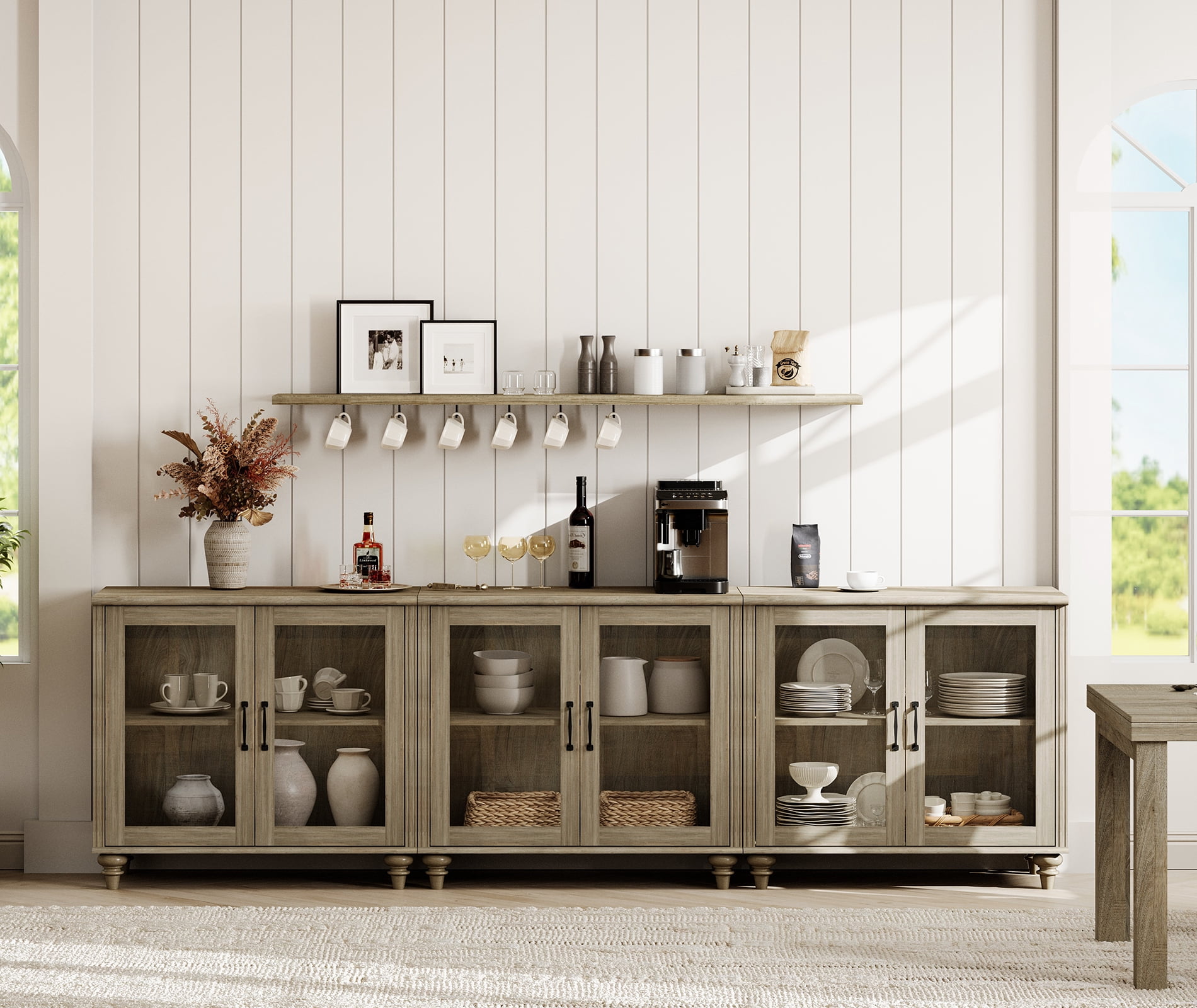 Farmhouse Style 100 inch TV Stand, Console Table with 6 Glass Doors for Living Room or Bedroom, Wash Gray, All Dimension: 101.6"×15.7"×30.9"(L×W×H)