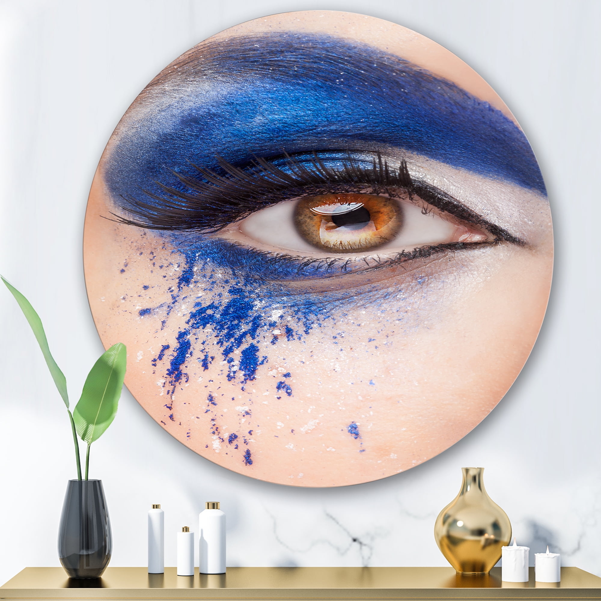 Designart 'Close Up Of Brown Eye With Blue Fantasy Make Up' Modern Circle Metal Wall Art 29x29 - Disc of 29