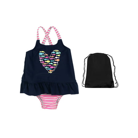 Kiko & Max Baby Girls Sun Protection Favorite One Piece Swimsuit and Swim Bag 18 Months Navy Blue and White Stripe with Pink Bow | Best 1 Piece Bathing Suite For (Best Fight In One Piece)