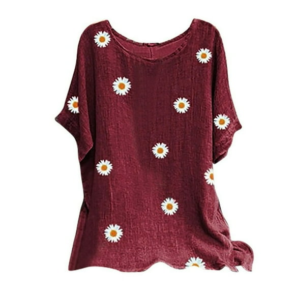 Prime Same Day Delivery Items Woman Vintage Cotton-Blend O-Neck Short Sleeve Floral Print Top T-Shirts Blouse