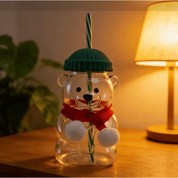 Limited edition glass bear cup with scarf, barista bear cup, cold drink