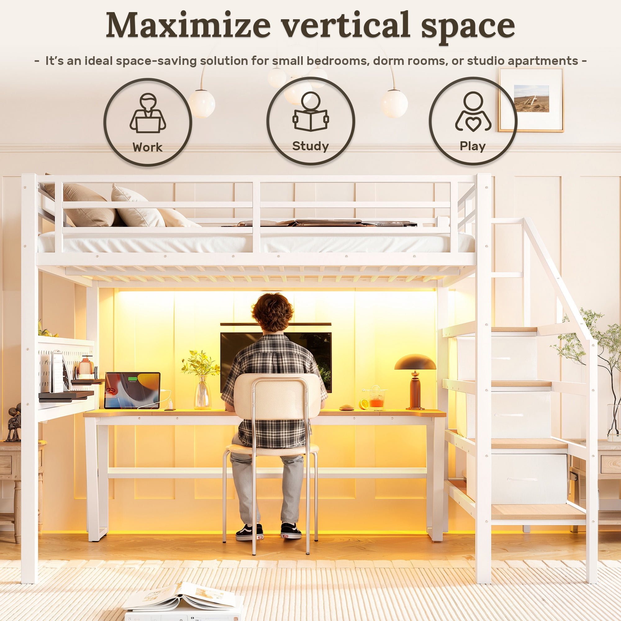 Leumius Full Size Loft Bed with Storage Stairs and Movable Desk with USB,Metal Loft Bed Frame with 3 Fabric Drawers and LED, Full-Length Guardrail and Pegboard,Antique White