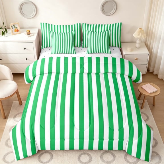 Manfei Geometric Stripe Twin Bedding,Contemporary Minimalist Bedding Comforter Set, Green White, Reversible 7-Piece