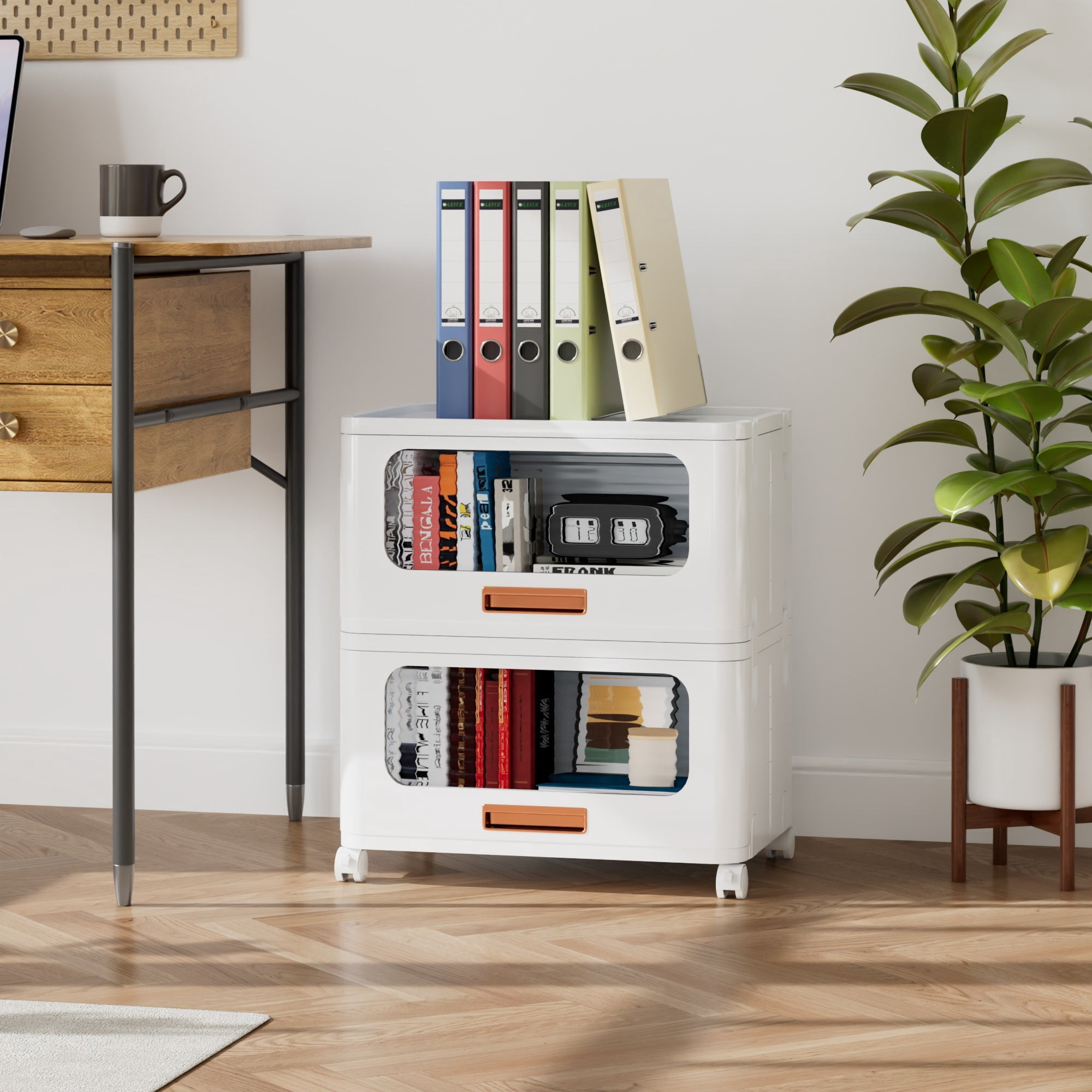 VECELO Stackable Storage Drawers Cabinet with Lids & Wheels, Folding Multi-Tier Collapsible Plastic Storage Boxes for Bedroom Living Room Kitchen Study Office, White, Medium, 2-Tier