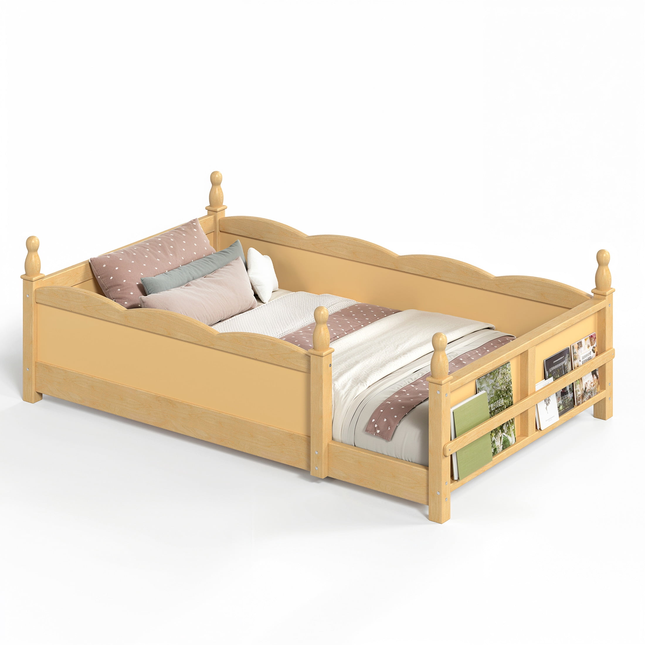 GDF Studio Twin Size Montessori Floor Bed with Guardrails & Side Bookshelf, Childlike Design, Natural