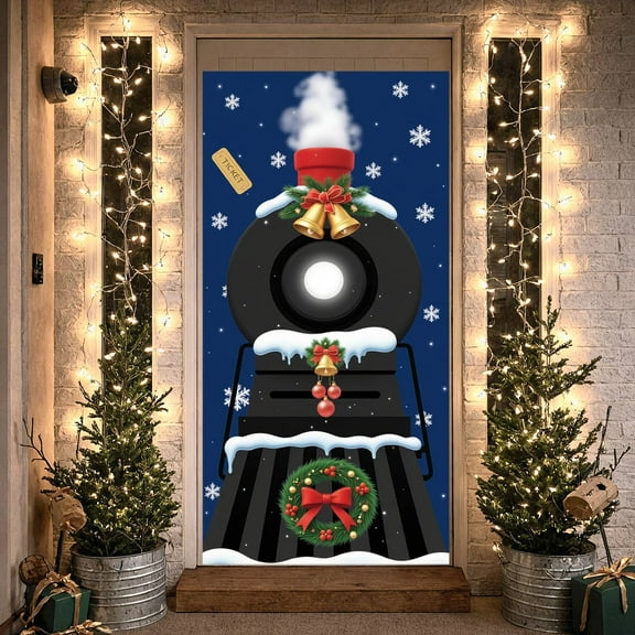 Black Locomotive Christmas Train Banner Golden Bells Holiday Display Red Bow Christmas Wreath Xmas Backdrop for Christmas Party Holiday Decoration Winter Event