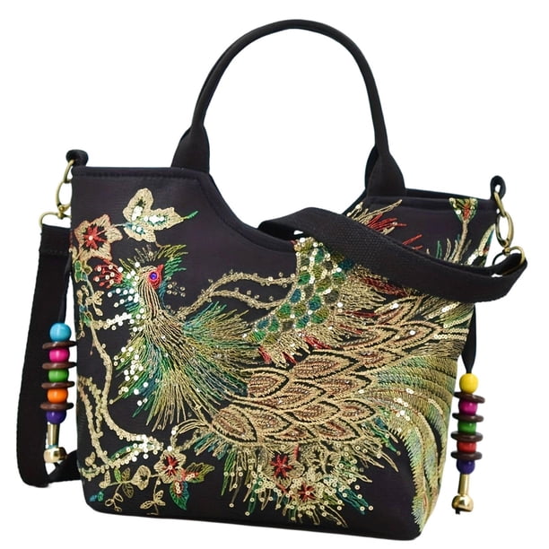 Bolso de mano bordado para mujer, estilo tradicional chino, bandolera para trabajar Negro