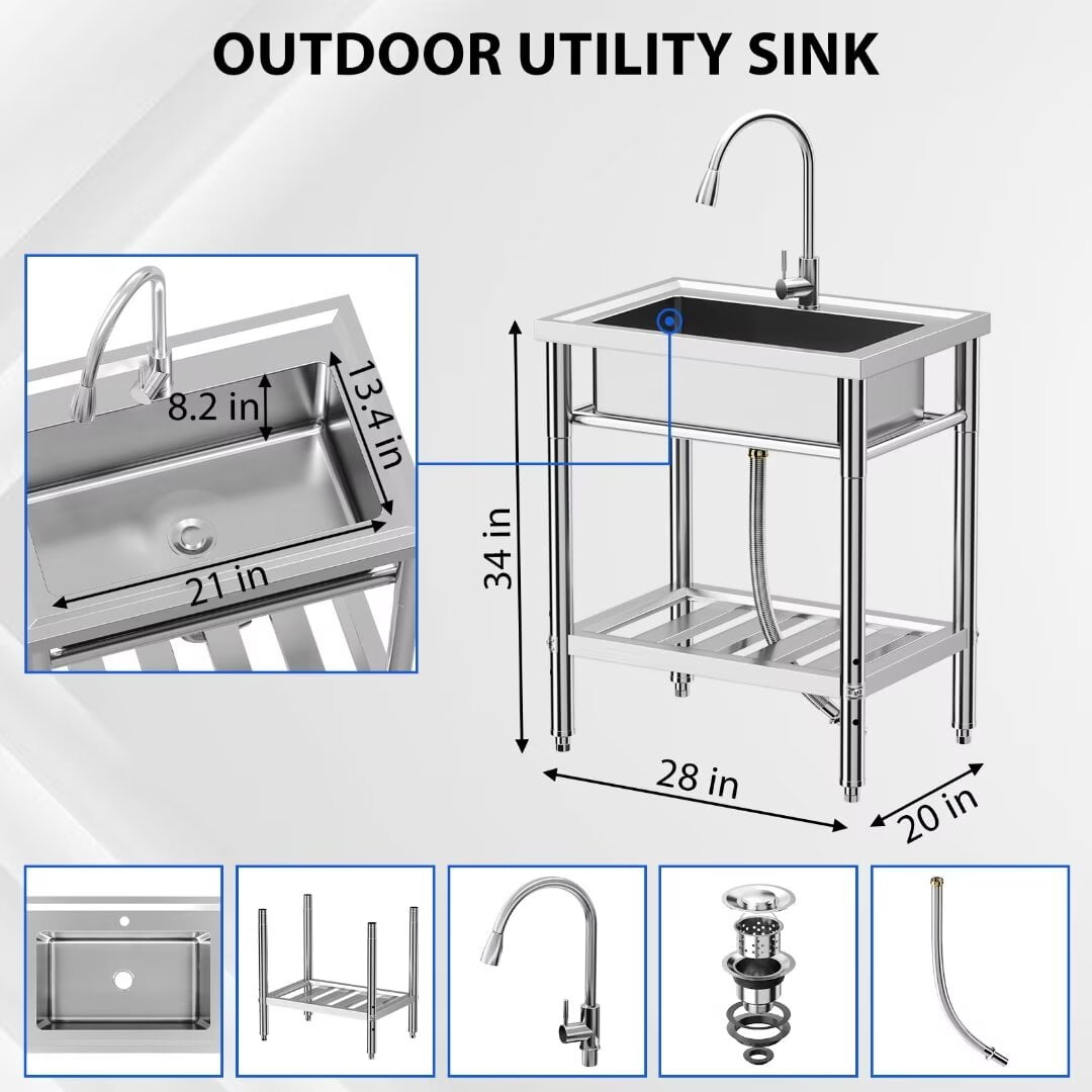Kitchen Sink Utility Sink Commercial Stainless Steel Freestanding Sink w/Faucet, Hot & Cold Hoses, Single Bowl, NSF Certificated, for Restaurant, Laundry, Garage, Workshop Sink