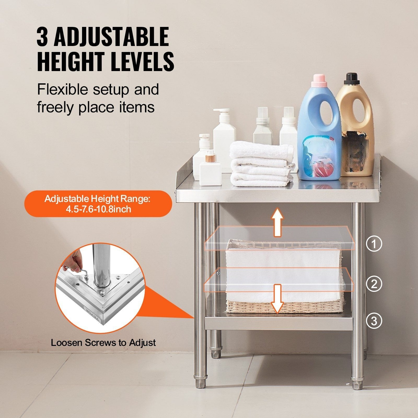CAFORKP Heavy-Duty Stainless Steel Worktable, 24x24x26" w/ Adjustable Height & 3-Sided Backsplash