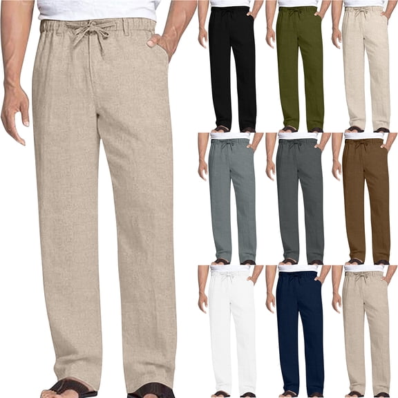 Havenre Men's Casual Linen Pants Lightweight Drawstring Elastic Waist Loose Fit Comfy Straight Leg Lounge Pants Summer Travel Beach Yoga Jogger Trousers with Pockets Khaki XL