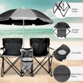 thumbnail image 4 of 2-Seat Folding Chair with Removable Sun Umbrella, Portable Camping Chair with Storage Pocket and Cup Holders, Outdoor Beach Chair for Beach, Patio, Park, Black, 4 of 9