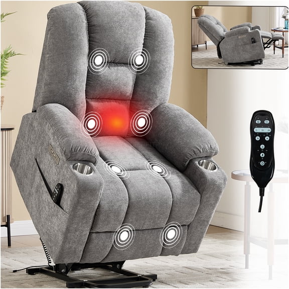 JERFIT Power Lift Recliner Chair with Massage and Heat, Heavy Duty Wide Recliner for Elderly, Dual USB Charging, Cup Holders, Light Gray Chenille Fabric