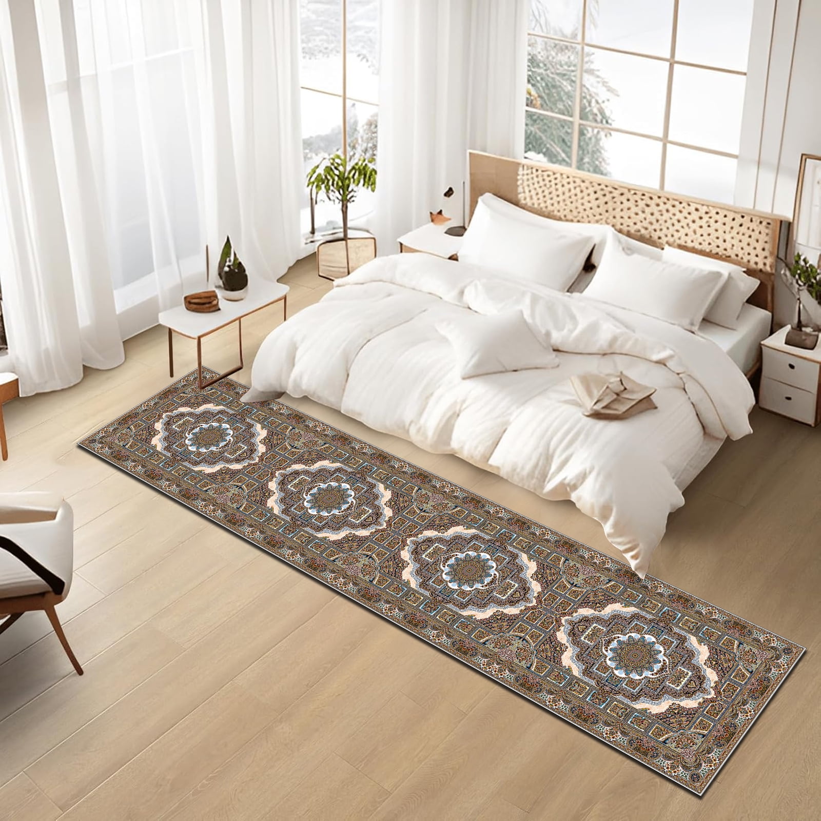 Mitzzllc Vintage Washable Runner Rug, White and Khaki, 2FT*10FT, Non-Slip Backing