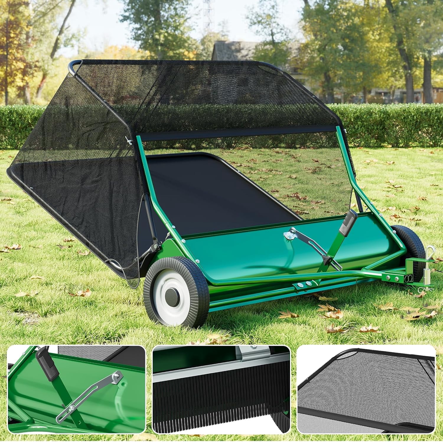 EastVita 48 in Wide Tow Behind Lawn Sweeper 25 Cu Ft Large Capacity Hopper Heavy Duty Adjustable Brush Height for Yard Lawn Farm Cleanup