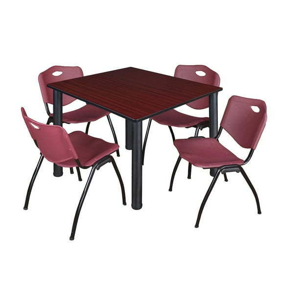 Regency 48 Square Breakroom Table- Mahogany Top, Black Legs, 4 M Stack Chairs- Burgundy