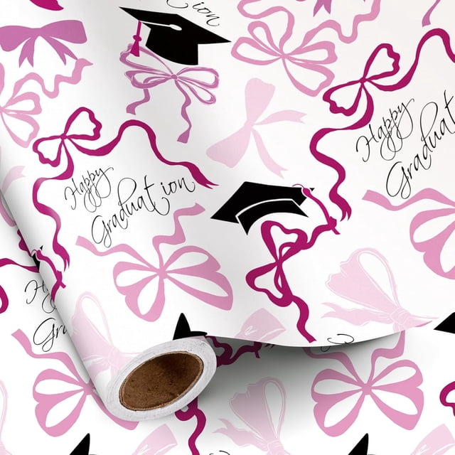 RUSPEPA Graduation Wrapping Paper Roll for Girls, Mini Roll, Pink and Black Graduation Cap Design, Adorable Bow Gift Wrap Paper for Graduates' Graduation Party and Celebration, 17 Inches x 16.4 Feet