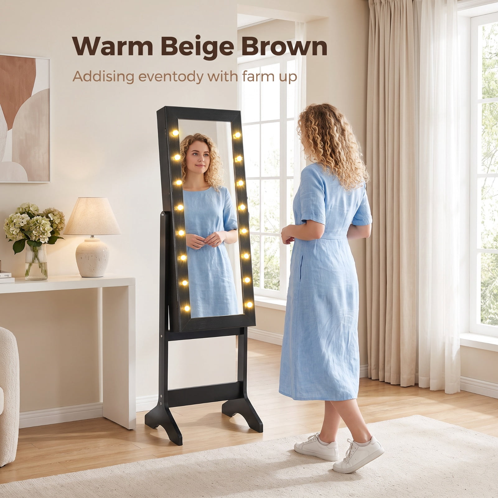 Furnibear Mirror Jewelry Cabinet with 20 Warm Lights and 4 Tilt Angles for Bedroom Dressing Room Jewelry Necklace Rings Storage Mirror, Black