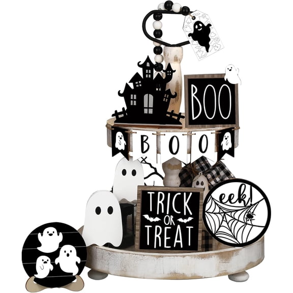 15 Pcs Halloween Tiered Tray Decor Set Cute Ghost Tray Decorations Boo Halloween Wooden Signs Farmhouse Rustic Decoration for Home Table Party Supplies