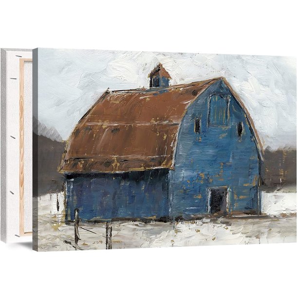 Rustic Farmhouse Wall Art Blue Barn Wall Decor Bathroom Oil Painting