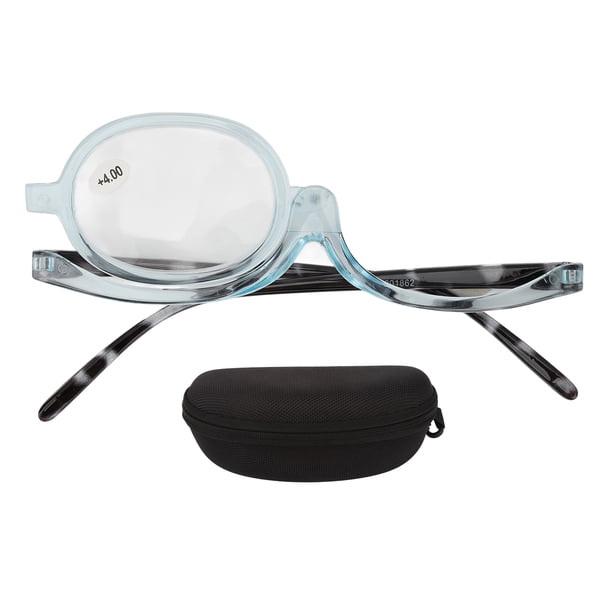 Gafas de lectura de una sola lente con aumento y lentes intercambiables para maquillaje de ojos para personas mayores, montura azul transparente +4.00