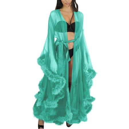 

wendunide lingerie for women Women Fashion Sexy Tulle Robe Long Lingerie Nightgown Bathrobe Sleepwear Feather Bridal Robe Lace Lingerie Green One Size