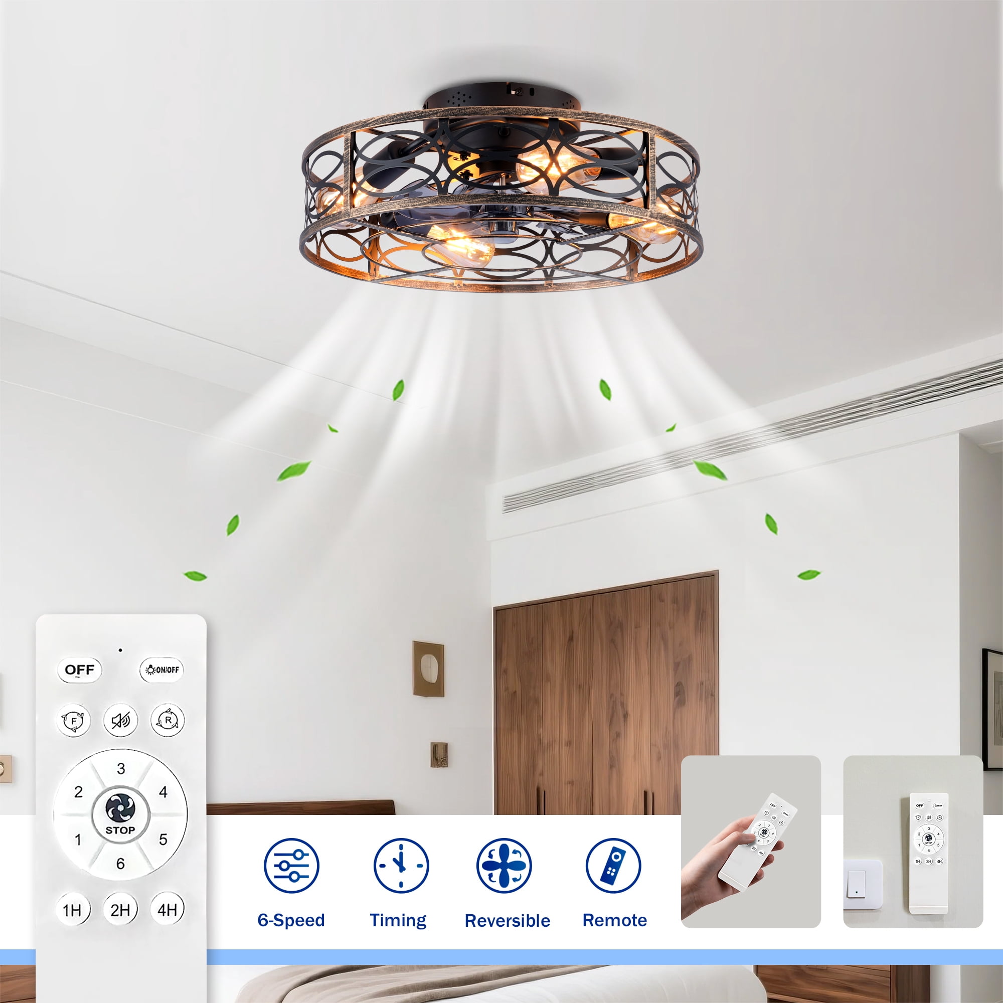 Leumius 20" Low Profile Caged Ceiling Fans with Lights and Remote, Farmhouse Flush Mount Ceiling Fan with 6 Speeds Reversible Motor for Living Room Bedroom Dining Room(NOT Included Bulbs)