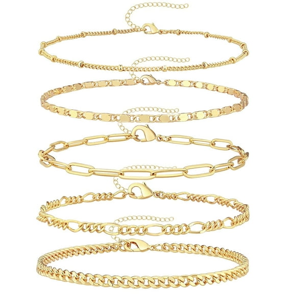 FARONZE Gold Layered Bracelets, Zinc Alloy, 5-Piece Set, Gold (5 pack)